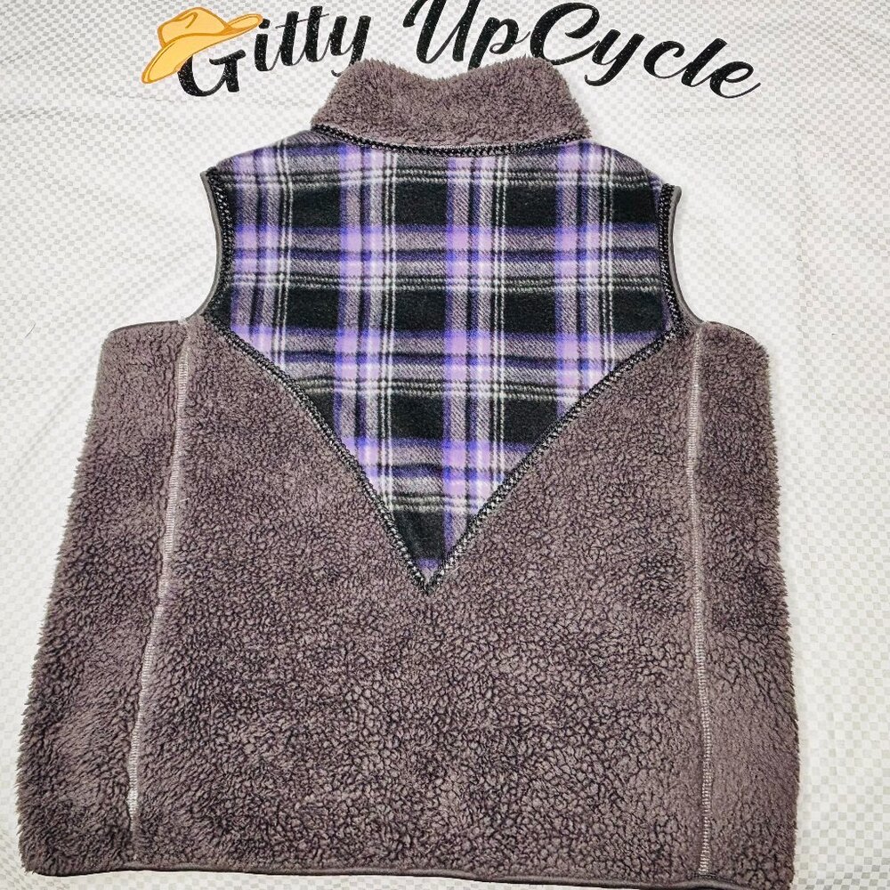 Upcycled Purple Western Vest with plaid print & braided black leather trim "L"